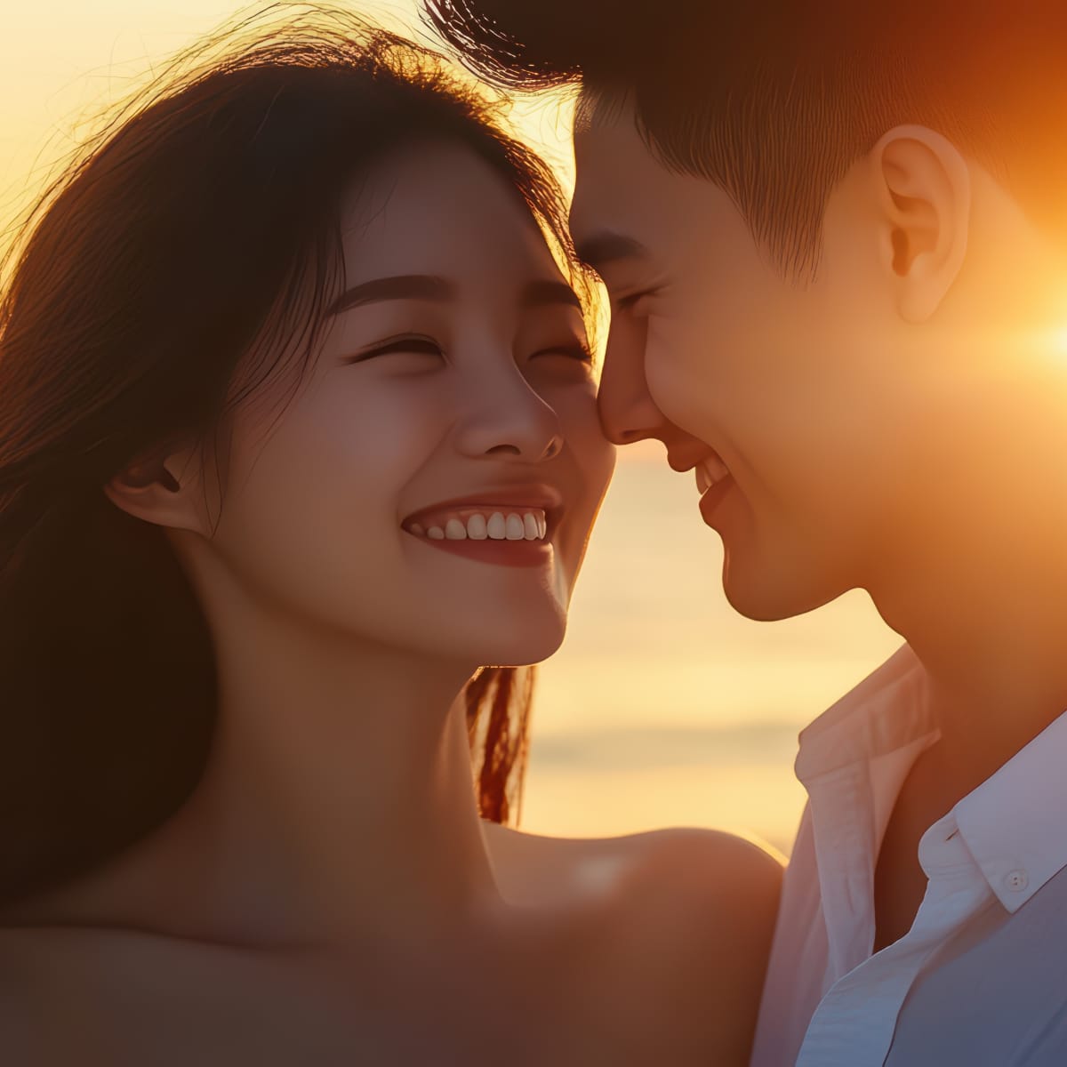 Sepasang kekasih tersenyum saling menatap dengan latar matahari terbenam, melambangkan kedekatan dan pemahaman emosional yang tercipta melalui Tes Mind Modes™ Cinta & Hubungan.