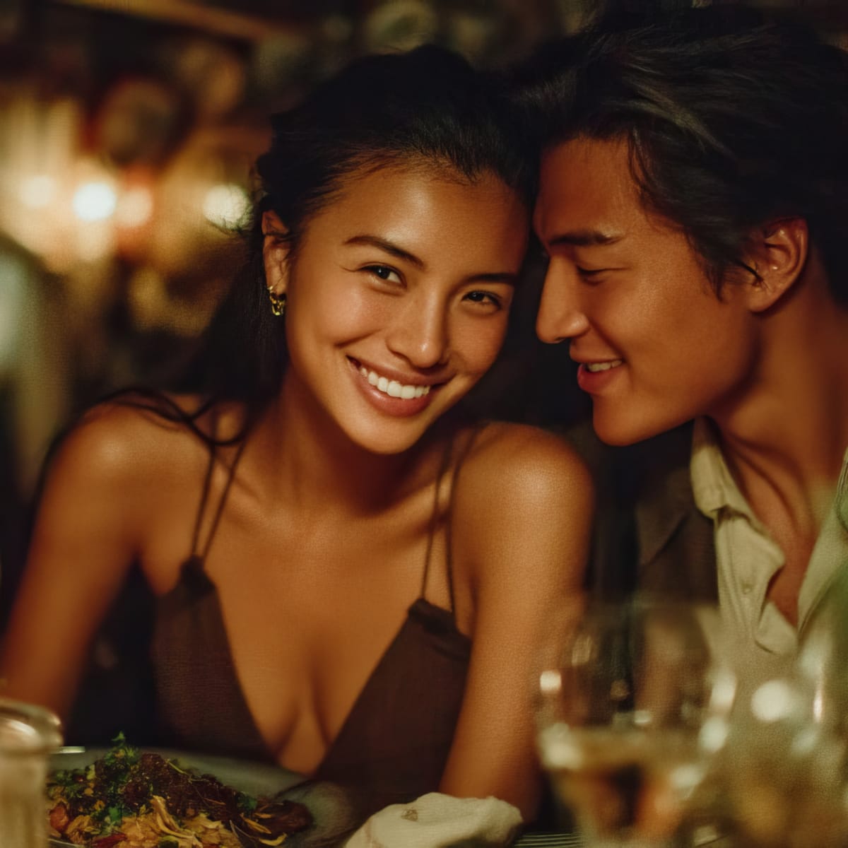 Sepasang kekasih tersenyum hangat saat makan malam, melambangkan kedekatan emosional dan komunikasi yang selaras melalui Tes Mind Modes™ Cinta & Hubungan.