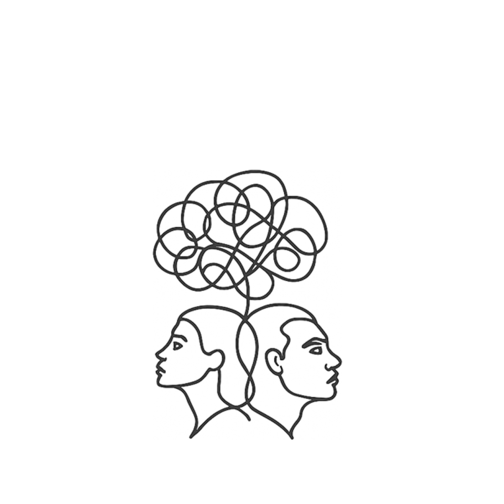 Ikon dua profil wajah dengan garis yang saling terhubung melambangkan laporan kecocokan hubungan Mind Modes™ yang dipersonalisasi.