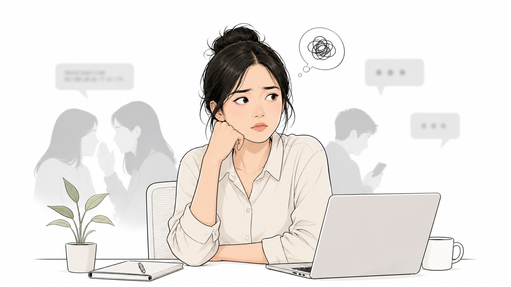 Perempuan melihat ke samping dengan ekspresi bingung