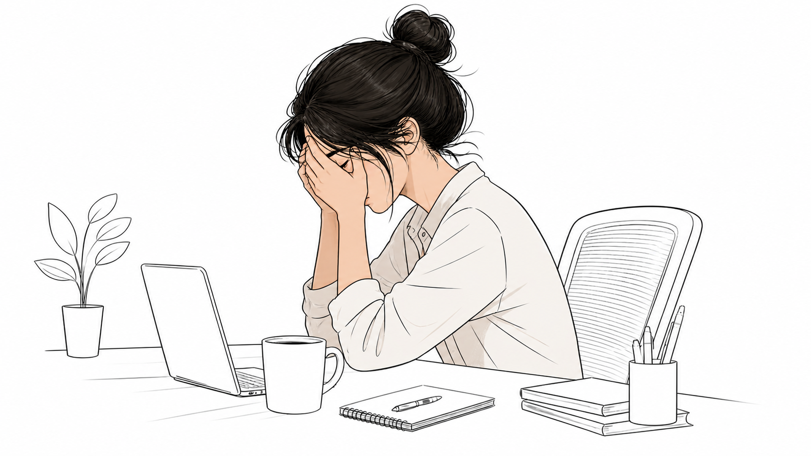 Perempuan duduk di meja kerja sambil menutup wajah dengan kedua tangan, menunjukkan rasa capek mental walaupun pekerjaannya sedikit. Di depannya ada laptop, buku, dan secangkir kopi, menggambarkan suasana kerja yang melelahkan secara emosional.