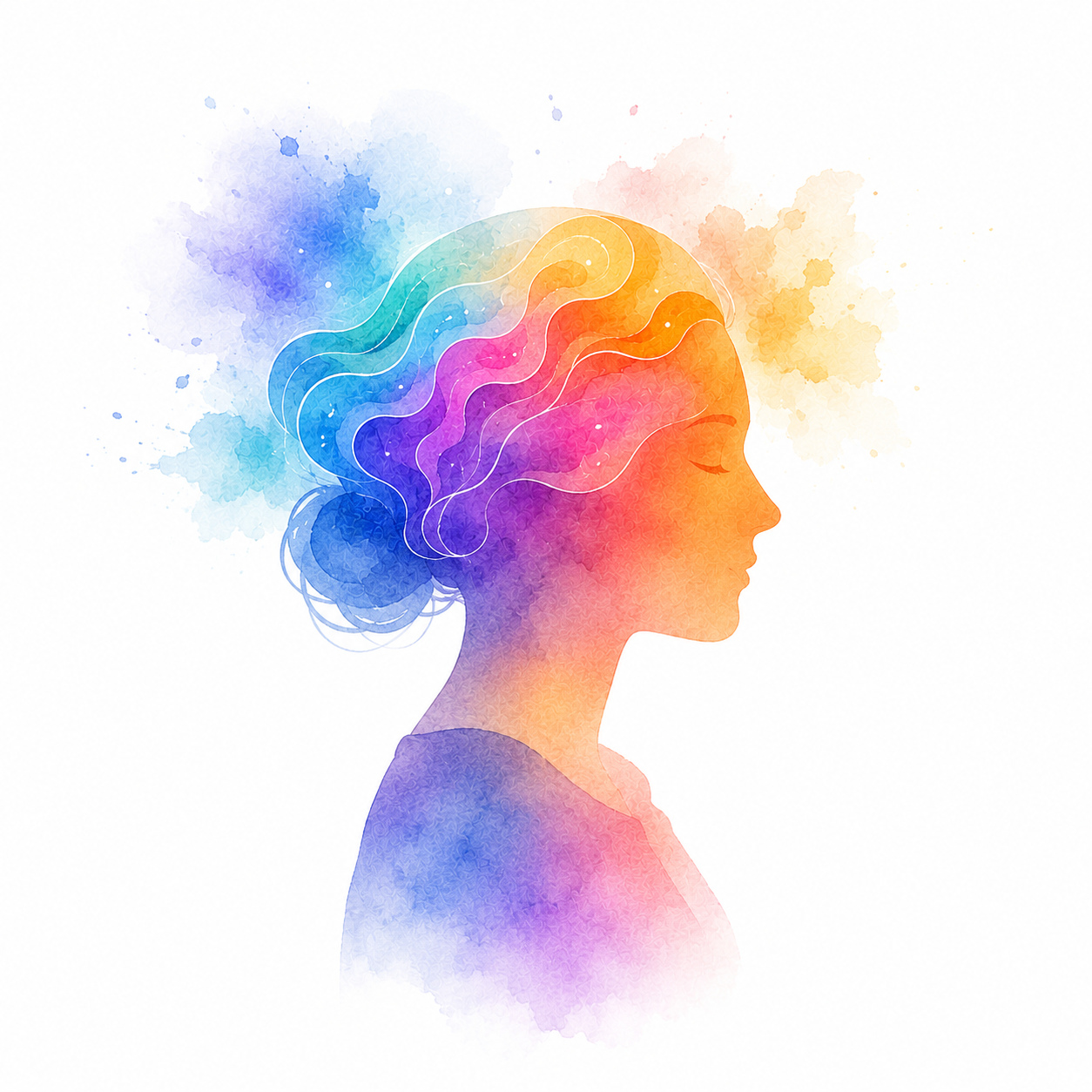 Ilustrasi watercolor siluet manusia dengan pola warna abstrak di dalam kepala, melambangkan cara pikiran bekerja.