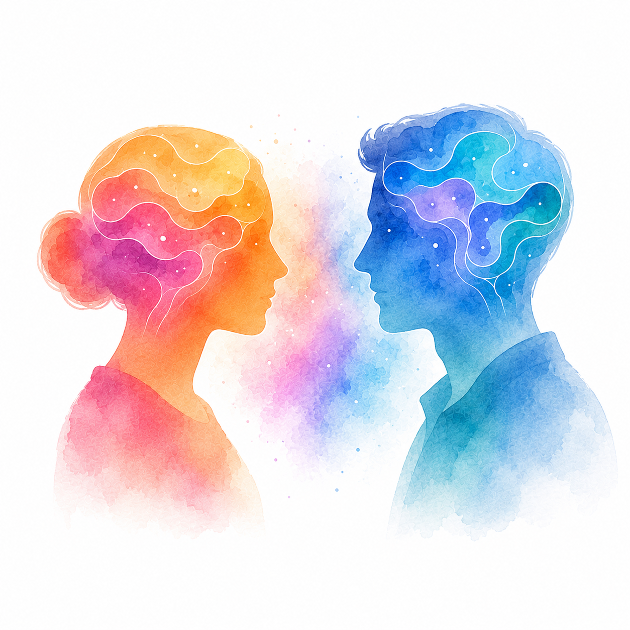 Dua siluet watercolor saling berhadapan dengan pola pikiran berbeda, melambangkan gaya berpikir yang beragam.