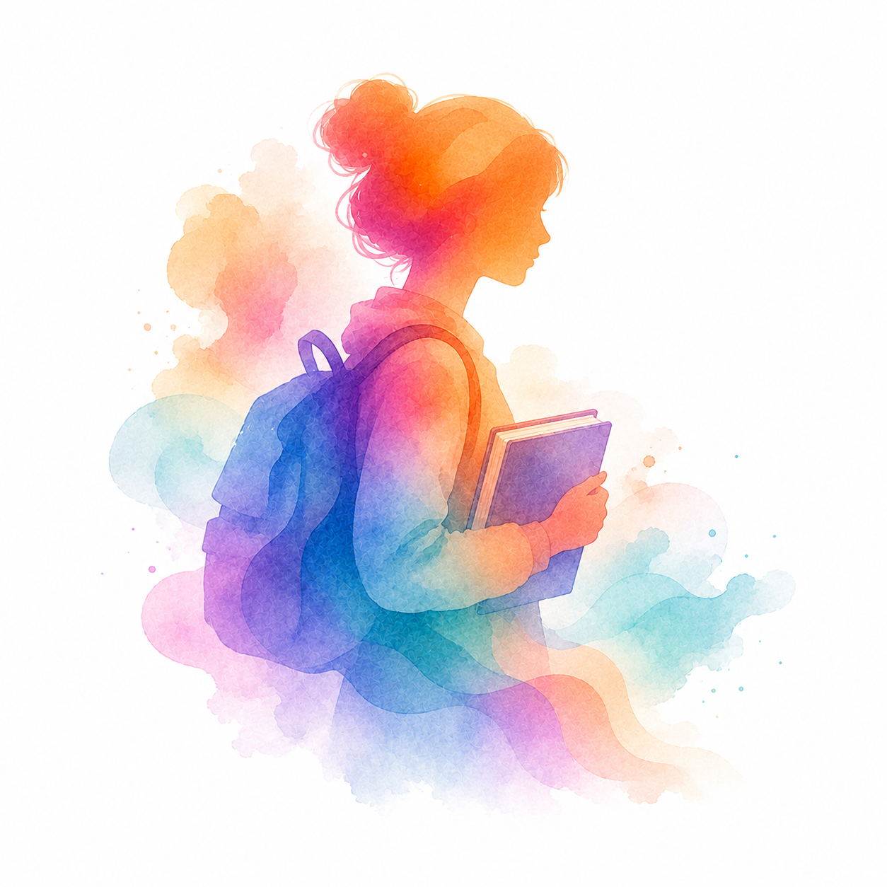 Siluet watercolor siswa dengan tas atau buku.