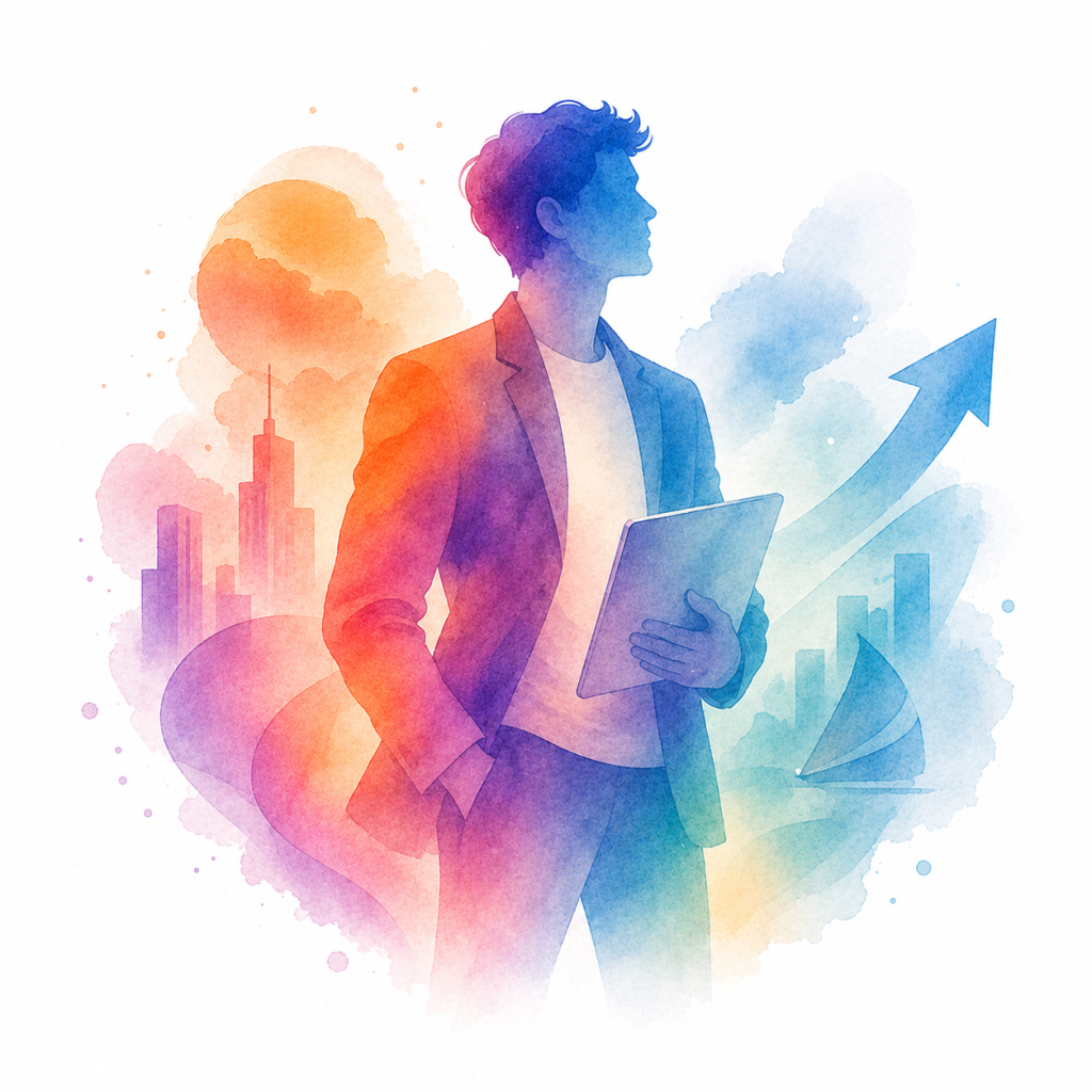 Siluet watercolor seorang pengusaha dengan laptop atau dokumen bisnis.