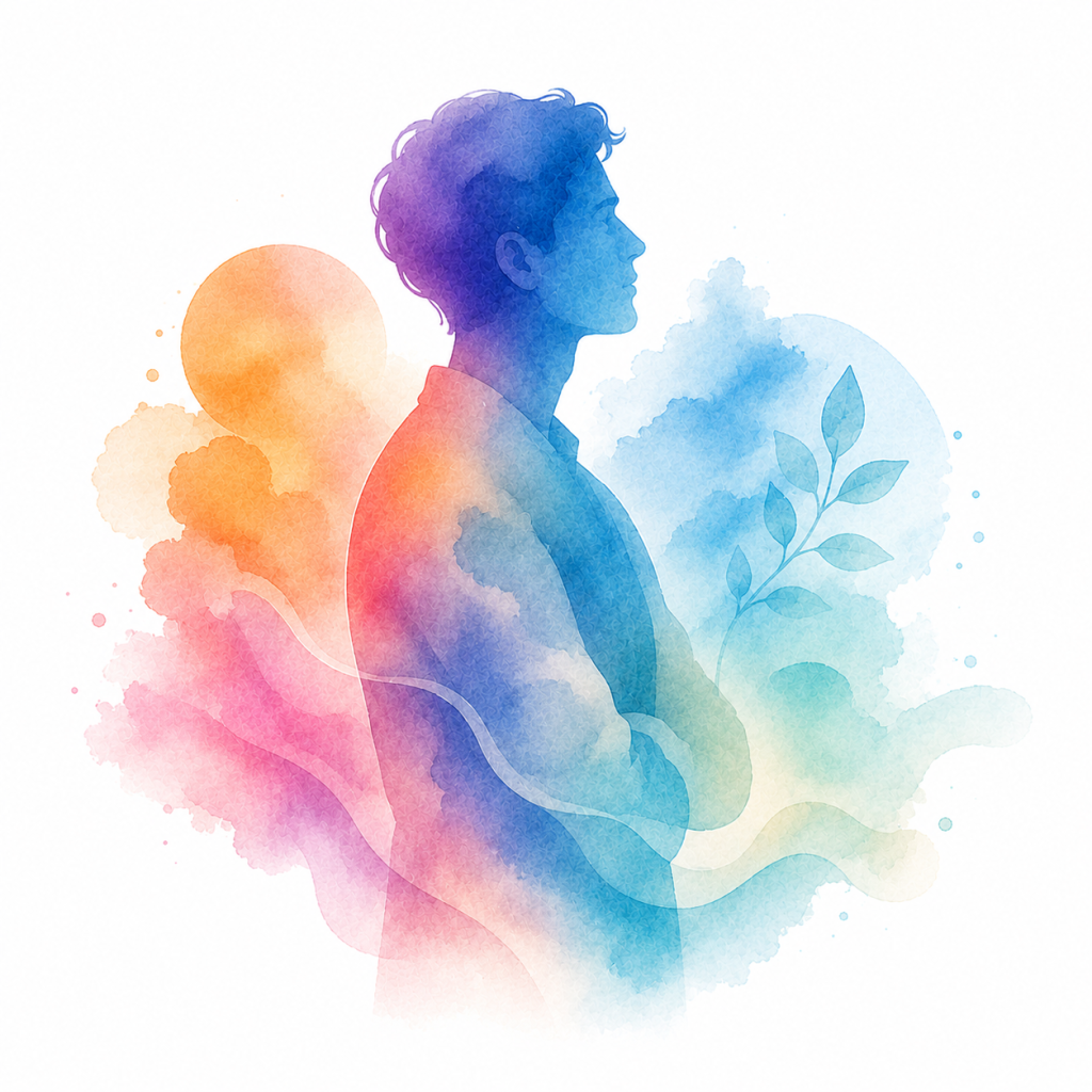 Siluet watercolor individu dewasa dalam postur reflektif.