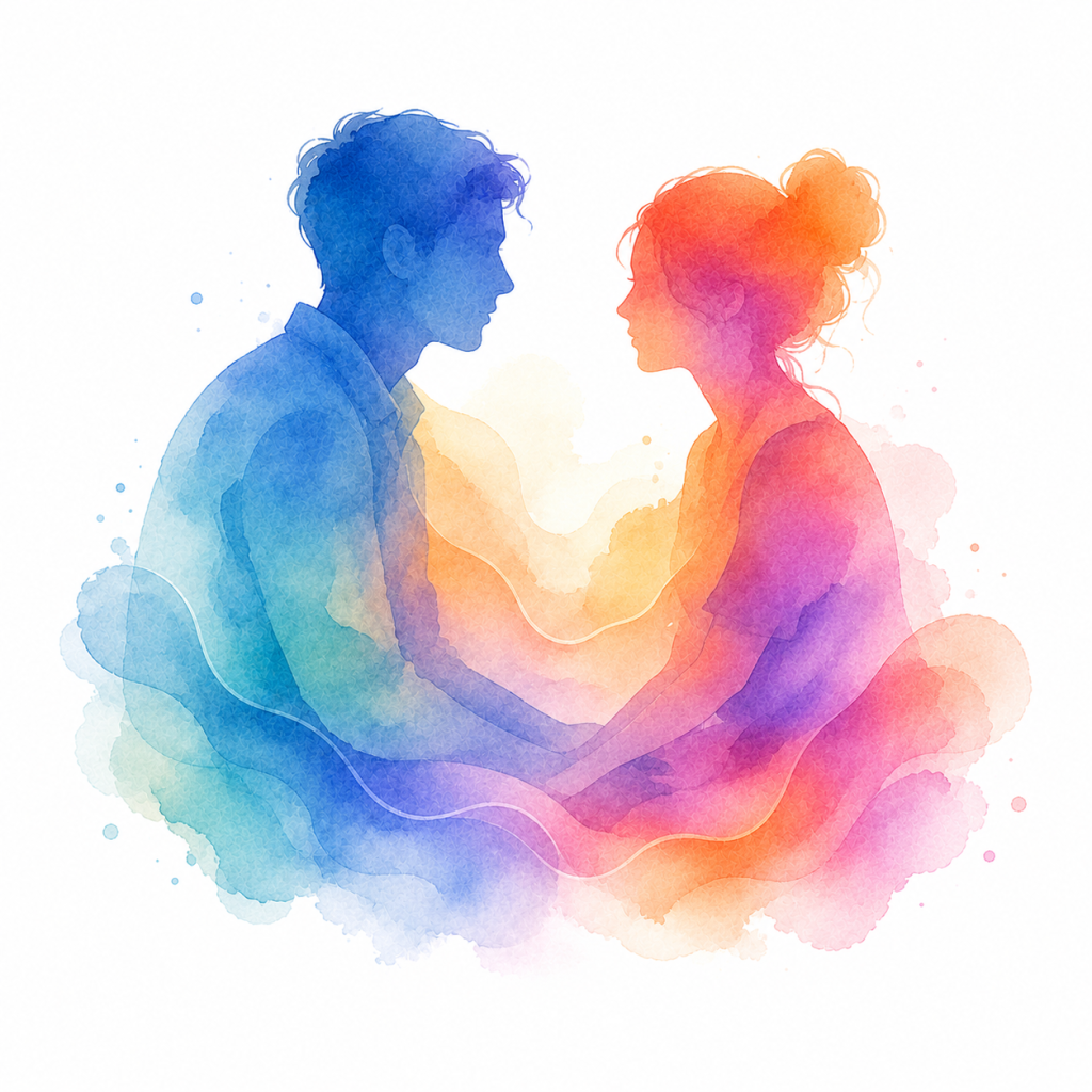 Dua siluet watercolor saling berhadapan, melambangkan hubungan.