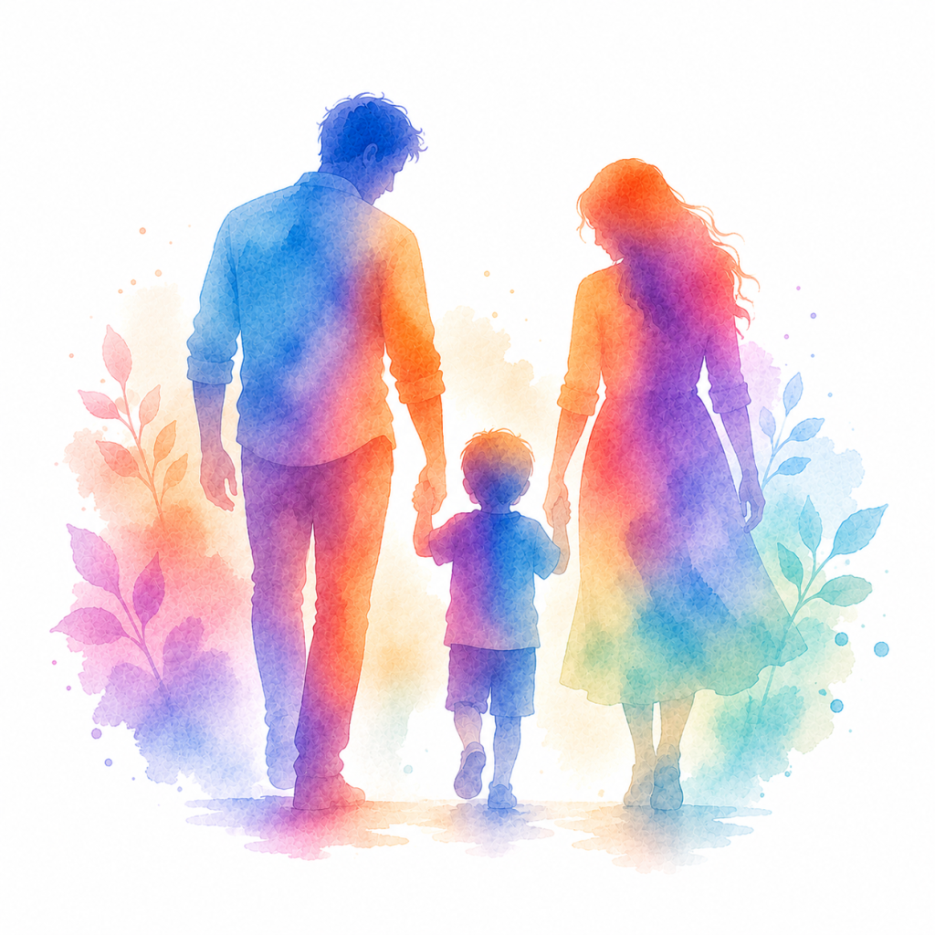 Siluet watercolor orang tua dan anak.