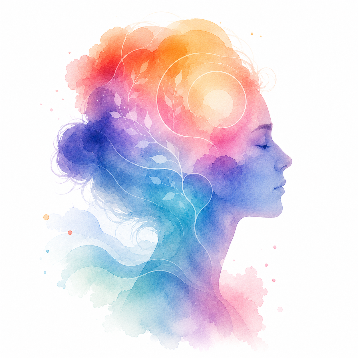 Siluet watercolor dengan pola abstrak lembut di dalam kepala, melambangkan cara pikiran bekerja.