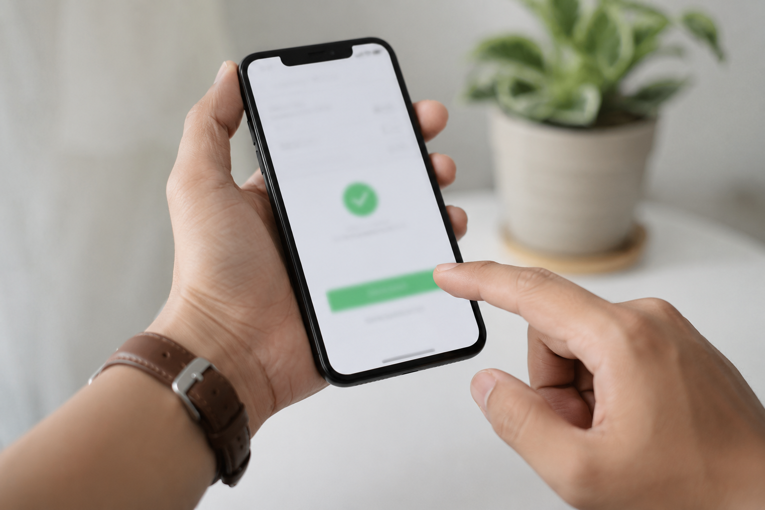 Foto close-up tangan menggunakan smartphone untuk pembayaran digital.