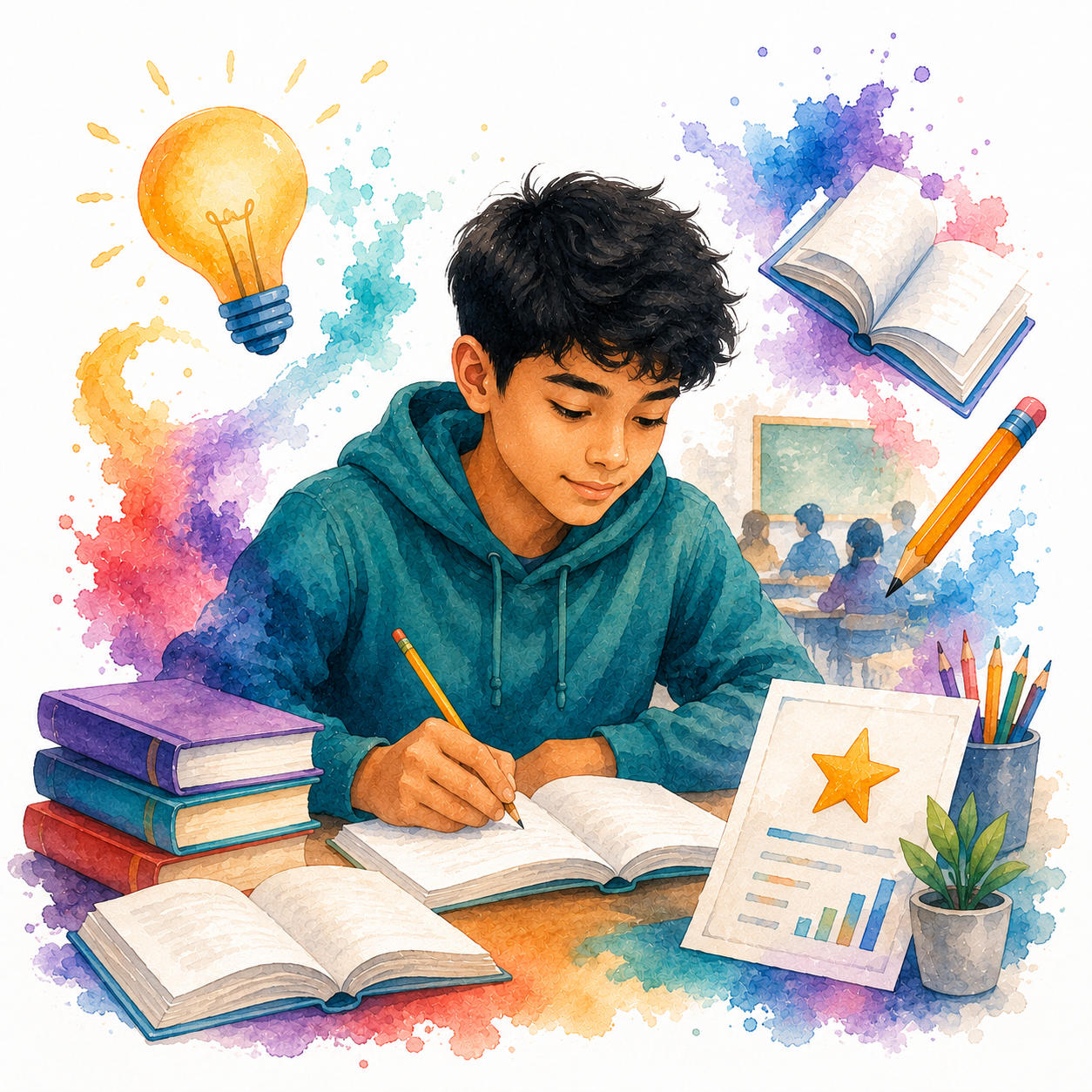 Pelajar Indonesia sedang belajar dengan penuh fokus, dikelilingi buku pelajaran, globe, dan berbagai simbol ilmu pengetahuan